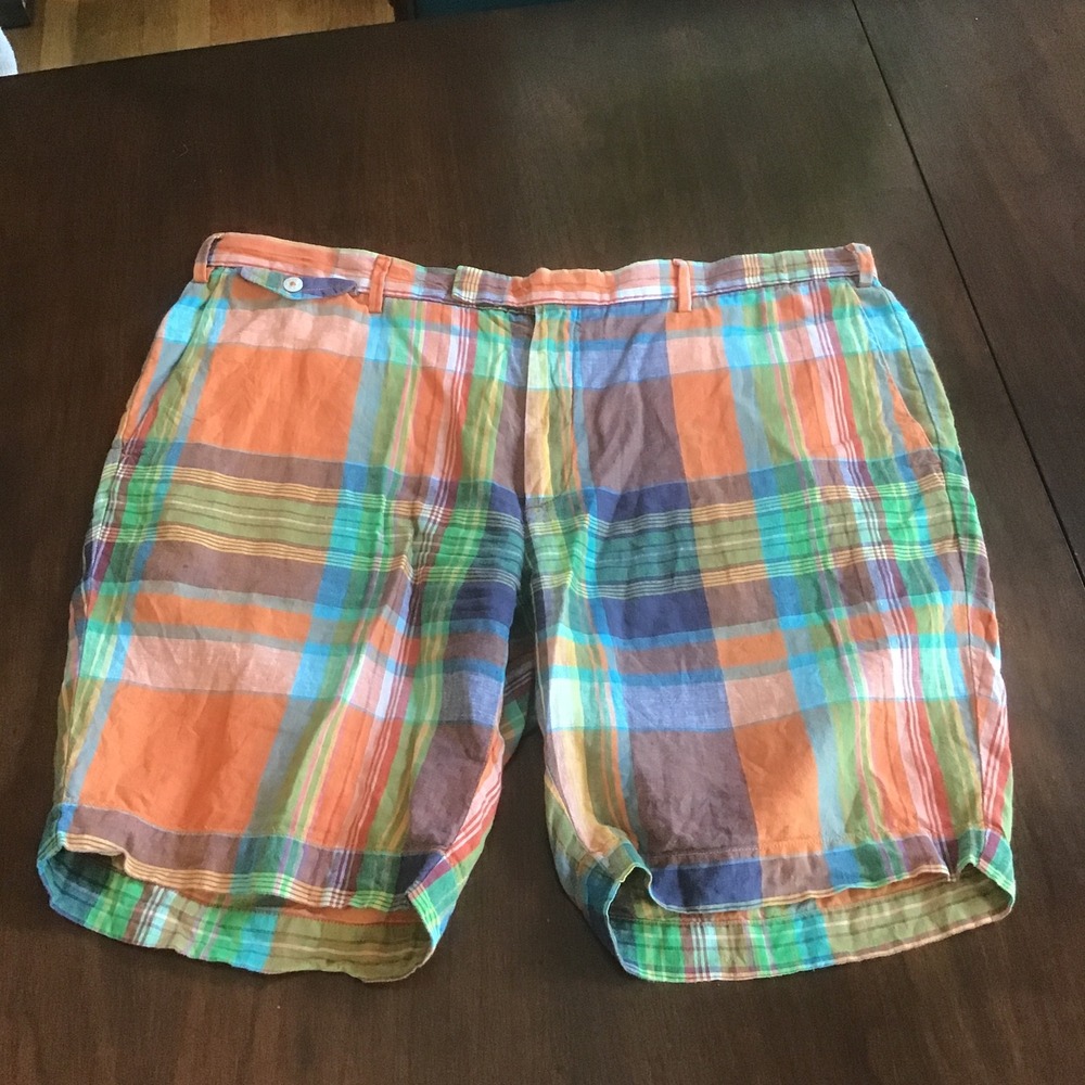 Polo Ralph Lauren Authentic India Madras 100% Linen Plaid Shorts Orange Blue 40